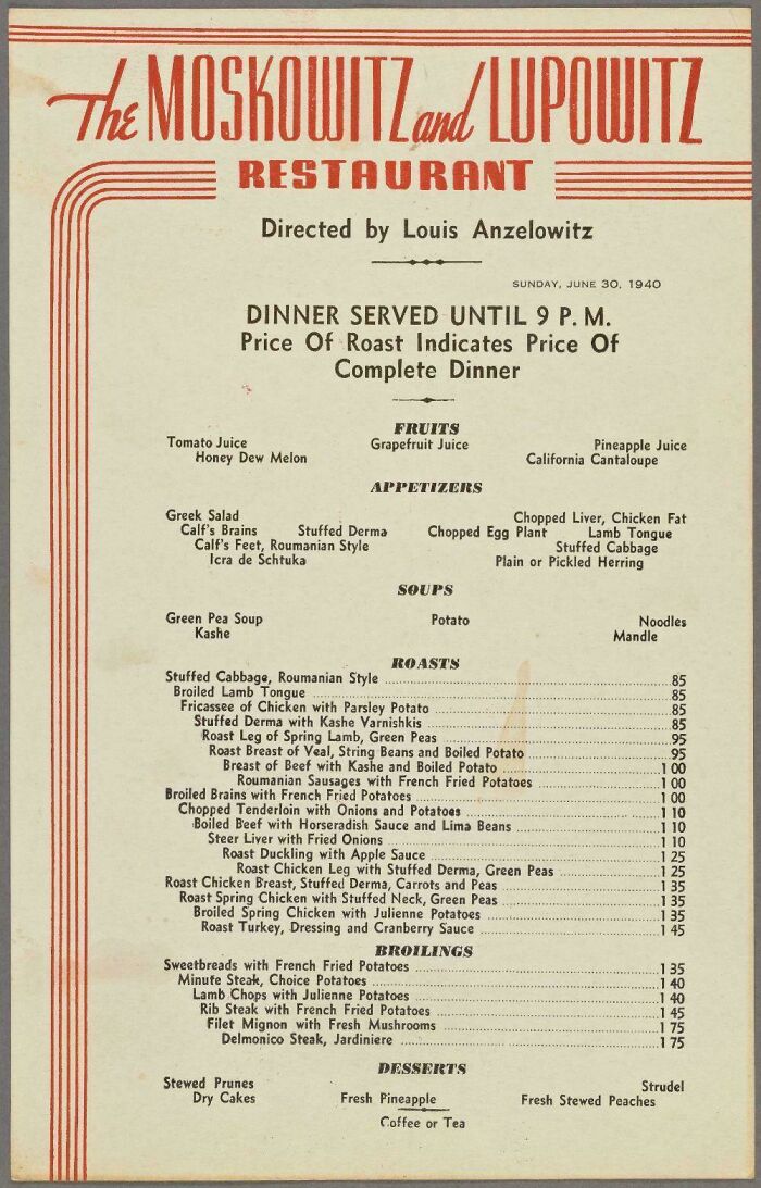 The Moskowitz & Lupowitz Restaurant Menu, New York City (1940)