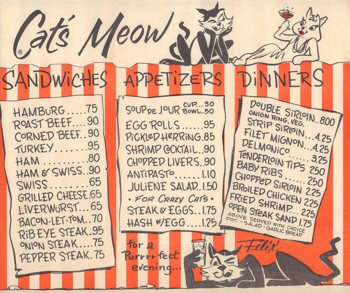 Cat's Meow Restaurant, Fort Lauderdale Florida, 1950s Menu