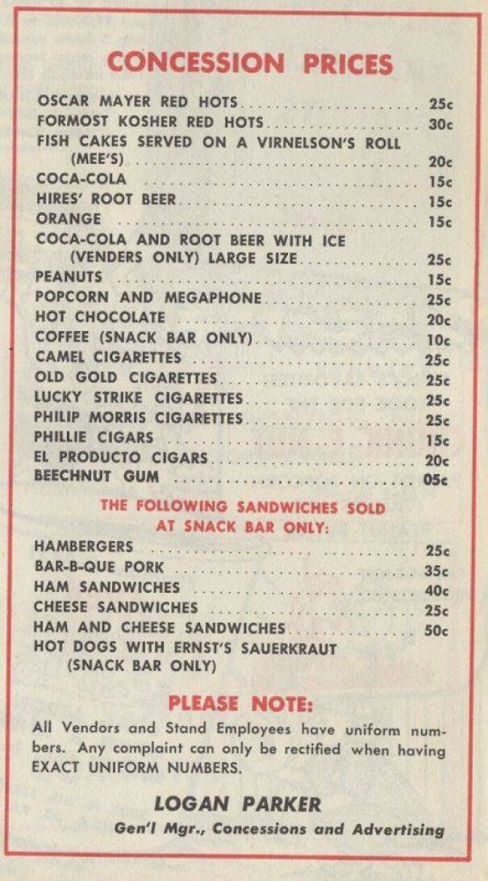 1954 Snack Bar Menu, Connie Mack Stadium, Philadelphia (Pa)