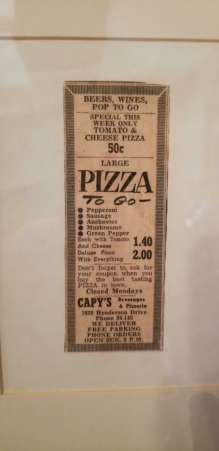 My Great Grandfather's Pizza Shop Menu From The 1970's
