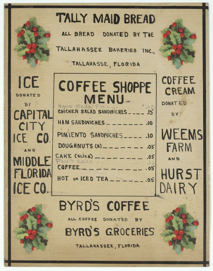 Coffee Shop Menu For The Woman's Club Of Tallahassee's Christmas Bazaar, Ca. 1940