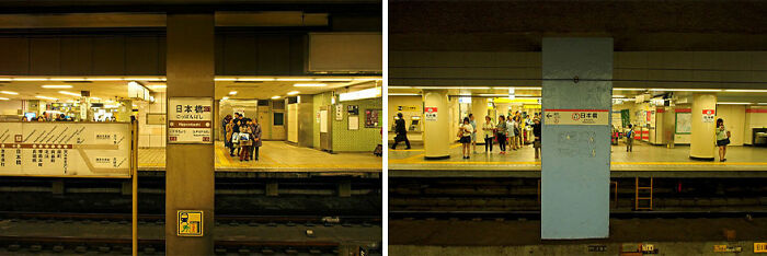 Japanese train stations captured by photographer, evoking "Déjà Vu" through parallel scenes and architectural symmetry.
