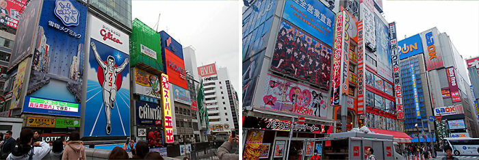 Urban scene in Japan with colorful advertisements showcasing a photographer capturing the essence of "Déjà Vu".