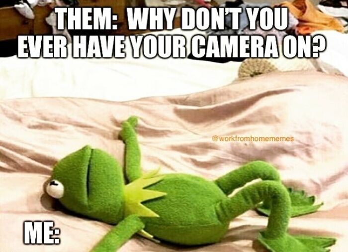 Kermit the Frog lying on a bed captioned "Why don’t you ever have your camera on?", a funny WFH meme.