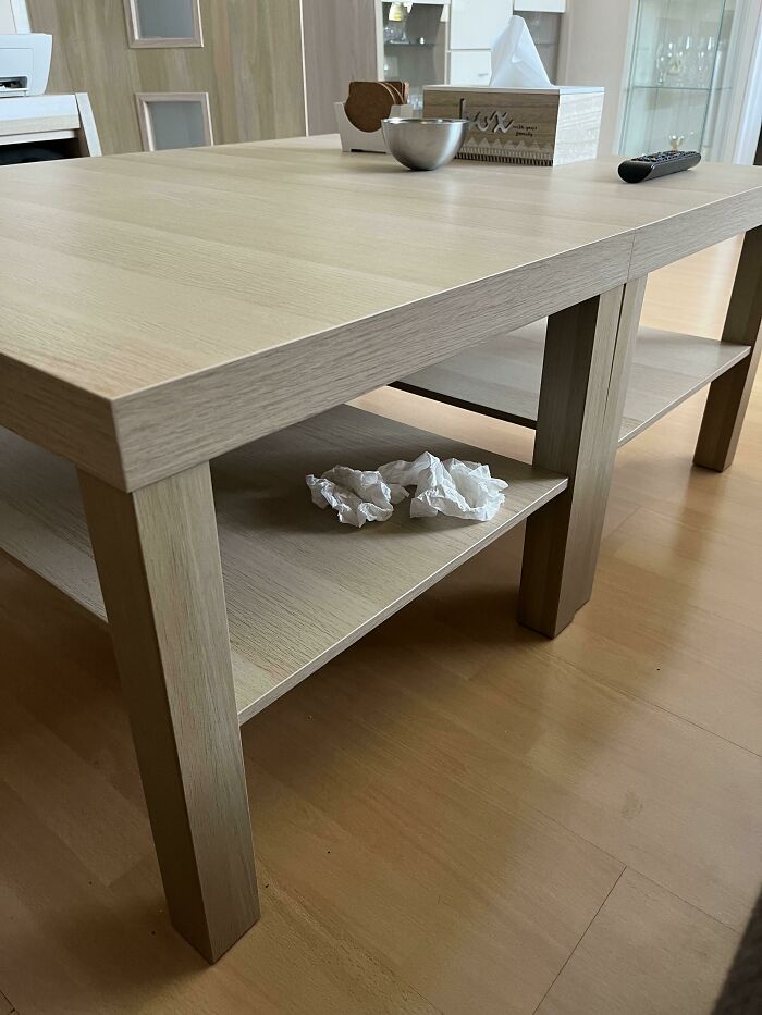 Mom’s Boyfriend Leaves Snotty Tissues Under A Table In The Living Room