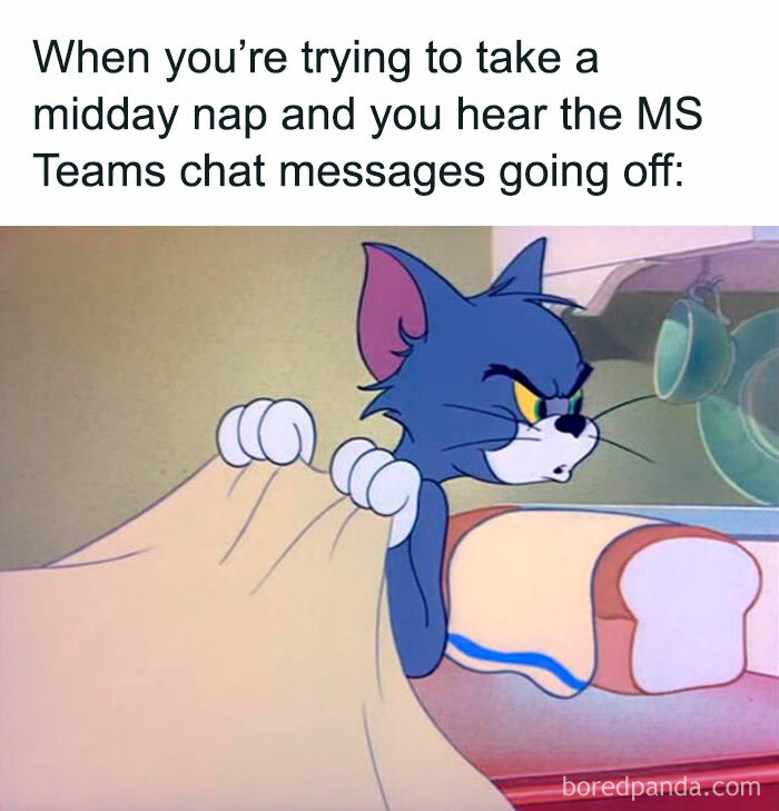 Cartoon cat looking annoyed under a blanket, humorously depicting work stress with funny meme context.