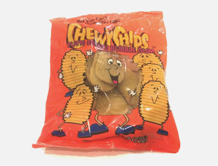 Chew Chips bubble gum in red packaging, an unusual grocery store item.