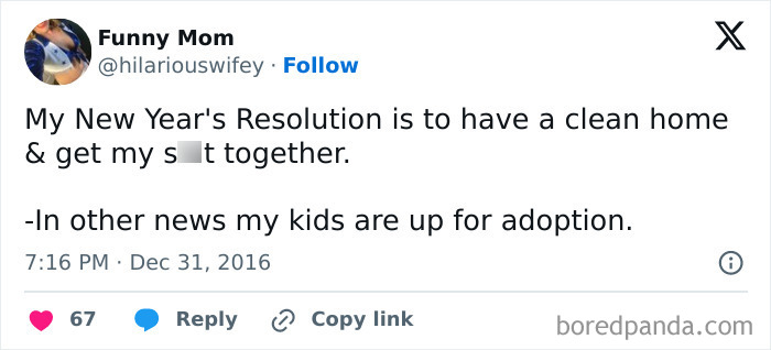 Screenshot of a funny tweet about New Year's resolutions humorously mentioning a clean home and kids up for adoption.