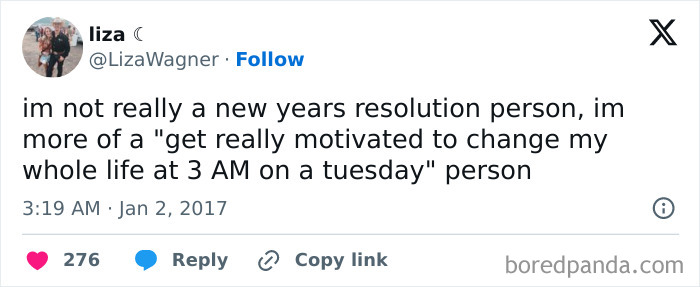 Tweet about new years resolutions humor, joking about motivation to change life at unusual times on a weekday.