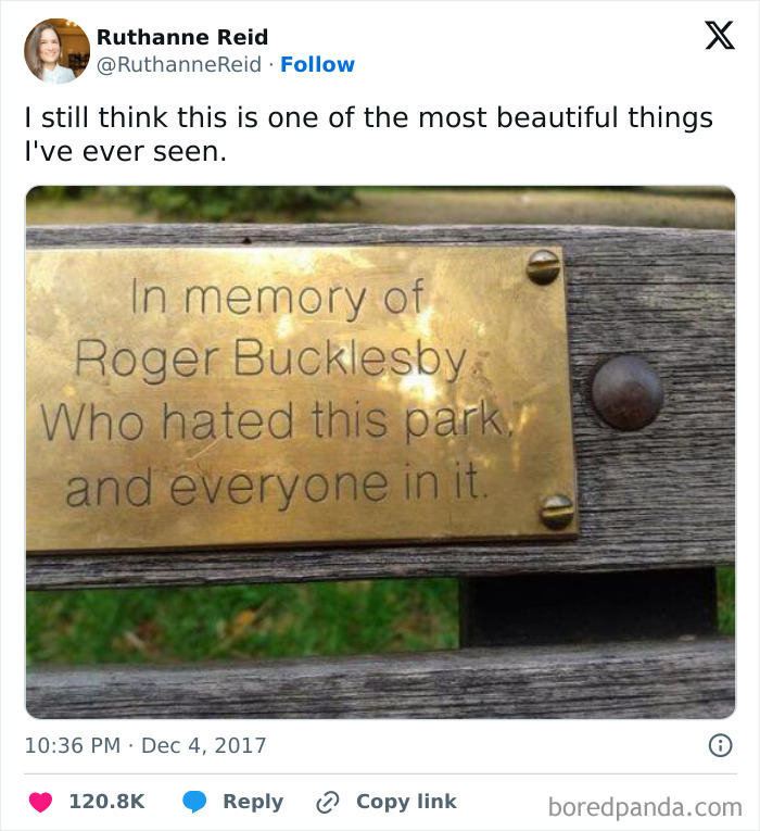 Tweet showing a funny memorial plaque on a park bench, perfect for 50 funny memes to enjoy when not feeling social.