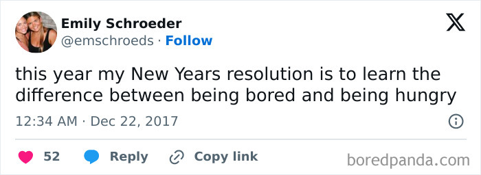Screenshot of a tweet humorously addressing New Year's resolutions about learning the difference between being bored and hungry.