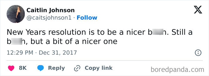 Tweet about a New Year's resolution humorously admitting to trying to be a nicer person, with high engagement on social media.
