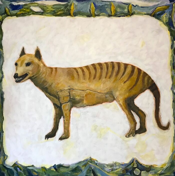 A Stuffed Tasmanian Tiger On A Postcard 2019. Acrylic