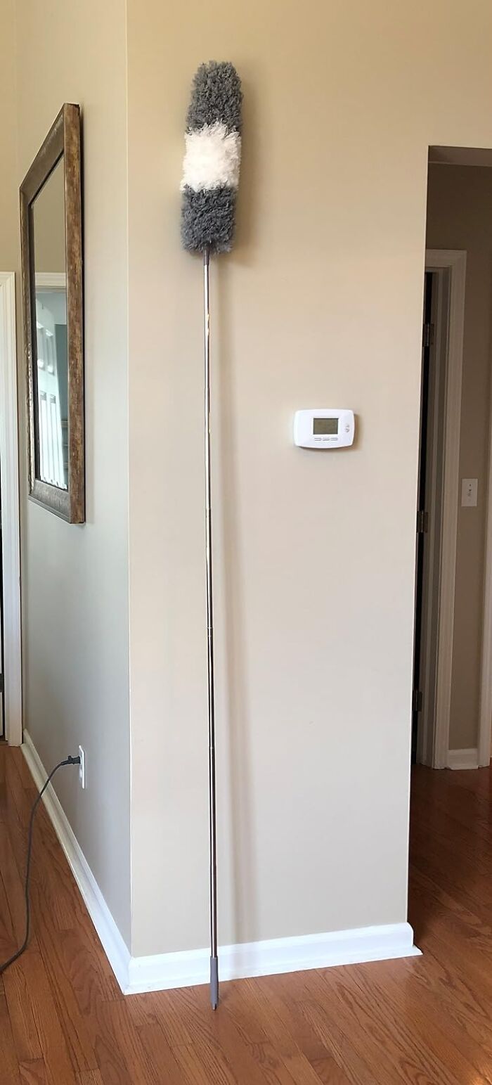 Extendable duster with gray and white fluffy head standing against a beige wall in a living room corner.