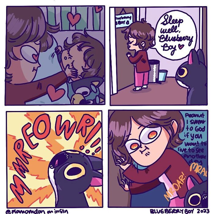 Parent lovingly putting child to bed, cat meowing loudly, capturing everyday stories of parenting in an illustrated comic.