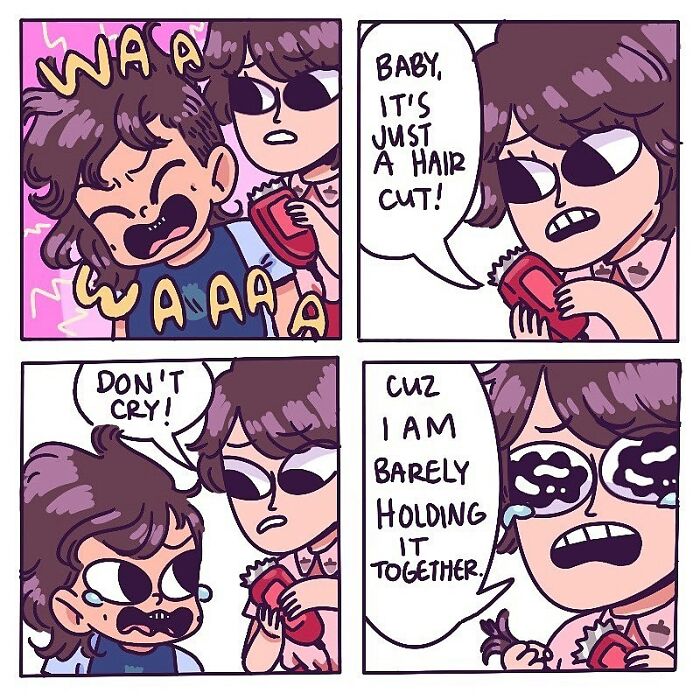 Child crying over haircut while parent reassures, illustrating everyday parenting moments in a comic style by Plamondon