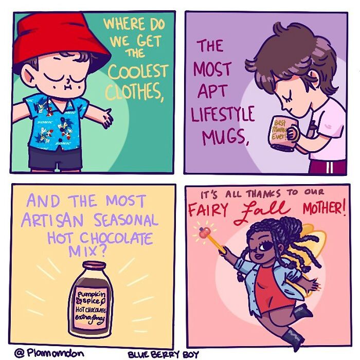 Illustration showing everyday parenting moments including kids, seasonal hot chocolate, and a fairy fall mother figure.