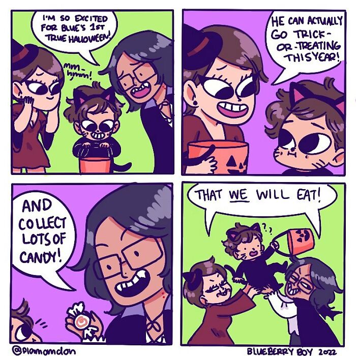 Illustrated parenting story showing a family excited about baby's first Halloween and trick-or-treating adventures.