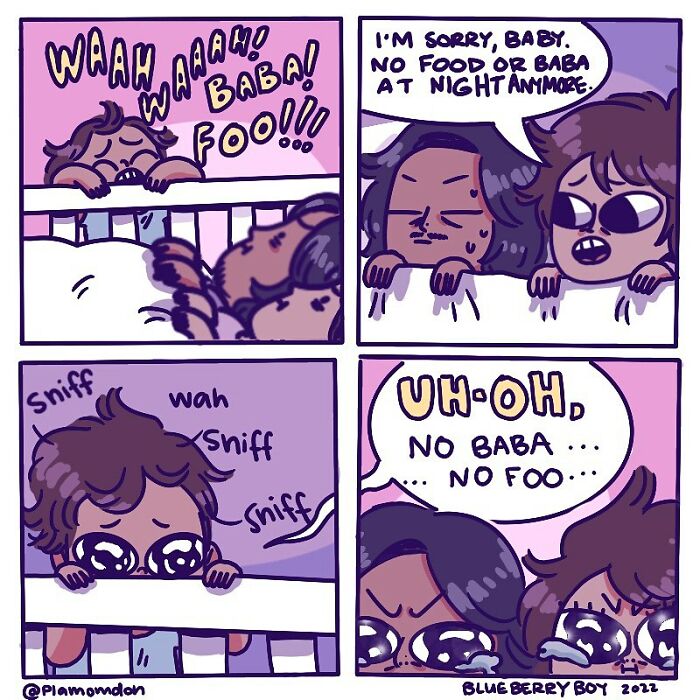 Illustrated parenting story showing a baby crying for food with parents explaining no more night feedings.