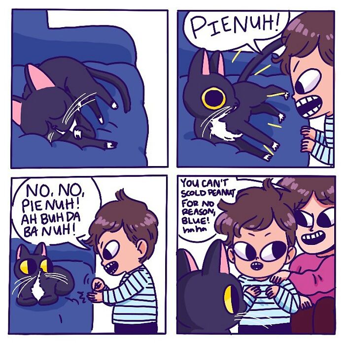 Illustrated everyday parenting story showing child talking to a black cat, capturing playful family moments.