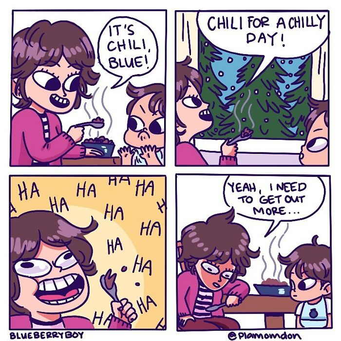Parenting illustrated comic showing a parent and child sharing a funny moment over a bowl of chili on a chilly day.