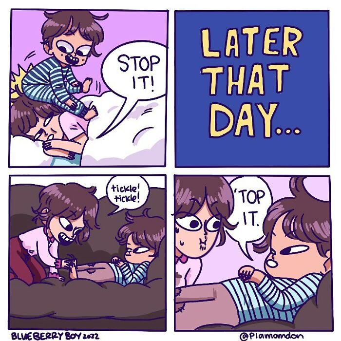 Parent and child playfully tickling each other in a colorful comic illustrating relatable moments of parenting.