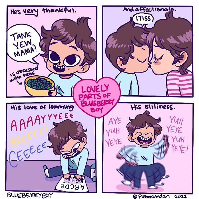 Illustration showing everyday parenting moments like thankfulness, affection, learning, and silliness with a young child by Plamondon.