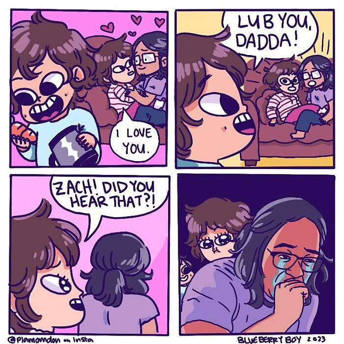 Illustration of everyday parenting moments showing love and tender emotions between a child and parent by Plamondon.