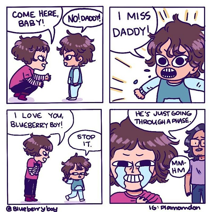 Parent and child illustrated in a comic strip showing everyday parenting moments by Plamondon in a colorful cartoon style.