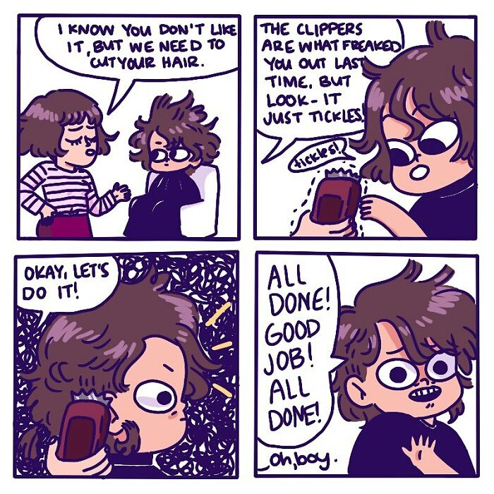 Parent talking to child about haircut with clippers, illustrating everyday stories of parenting by Plamondon.