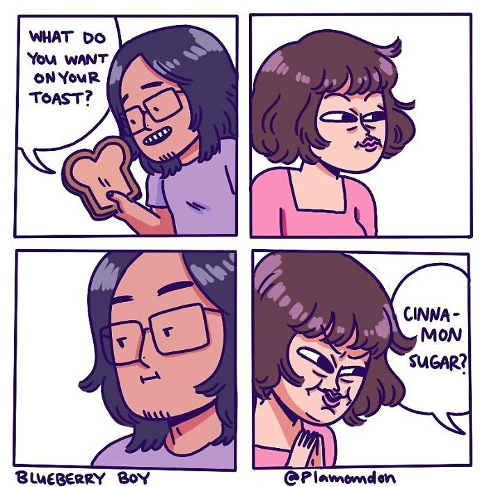 Illustrated parenting comic showing a playful moment between two adults deciding on toast topping with humor.