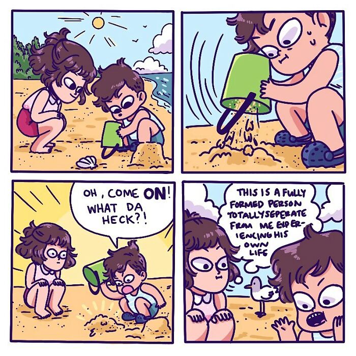 Two children digging in sand, one frustrated, illustrating everyday stories of parenting by Plamondon.