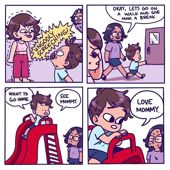 Parenting illustrated comic showing a toddler’s tantrum and a family taking a walk to give mom a break.