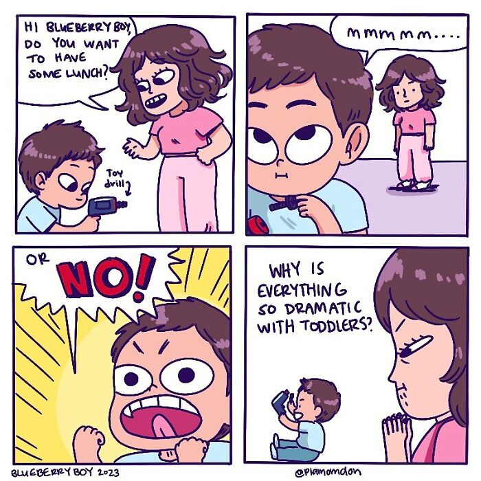 Illustration showing a toddler’s dramatic reaction to lunch, capturing everyday parenting moments by Plamondon.