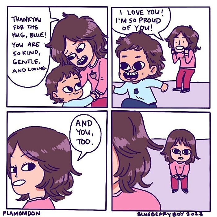 Parent and child sharing a tender moment in an illustrated comic from everyday parenting stories by Plamondon.