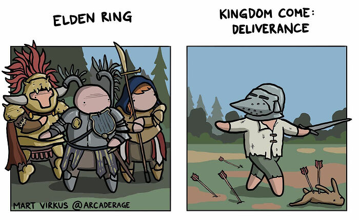 Cartoon comic strip from Arcade Rage showing humorous takes on Elden Ring and Kingdom Come Deliverance video games.