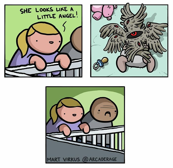 Comic strip from Arcade Rage showing a dark humor twist with a baby that looks like a monstrous creature.