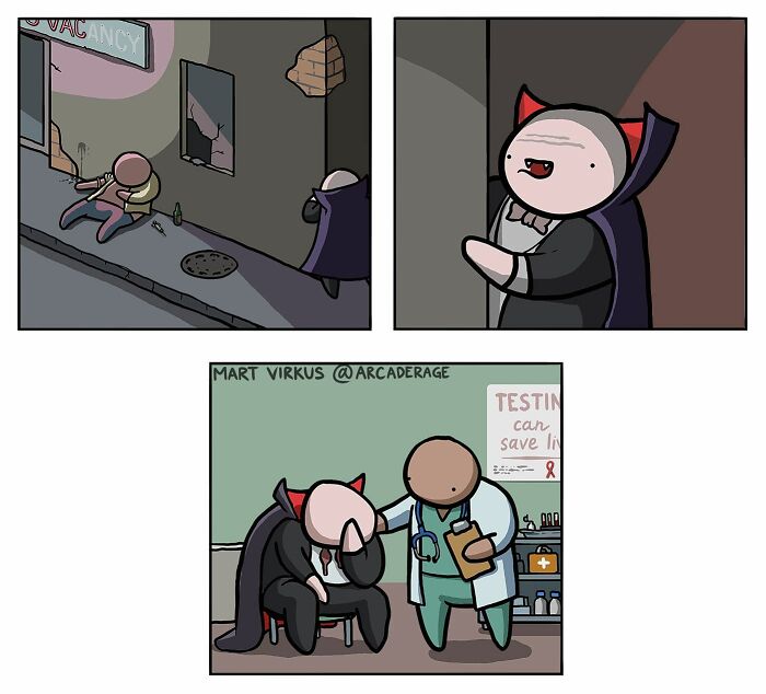 Comic strip from Arcade Rage showing a vampire encountering a victim and later feeling emotional in a doctor’s office.