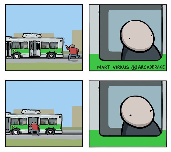 Comic strip from Arcade Rage showing a character missing a bus and then boarding it, featuring dark humor style.