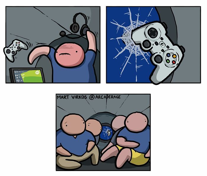 Comic panels from Arcade Rage strip showing a gamer angrily throwing a controller that breaks a glass window.