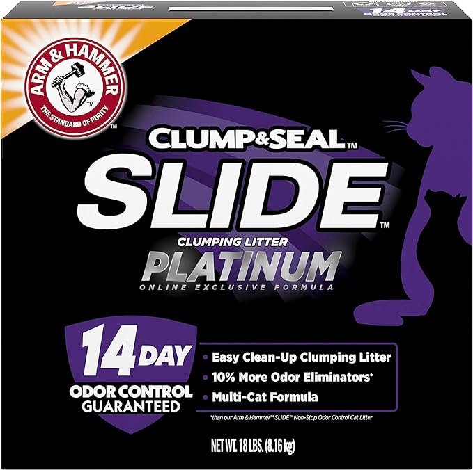 Arm & Hammer Clump & Seal Slide cat litter box with 14-day odor control guarantee. Arm & Hammer Clump & Seal Slide cat litter box with 14-day odor control guarantee.