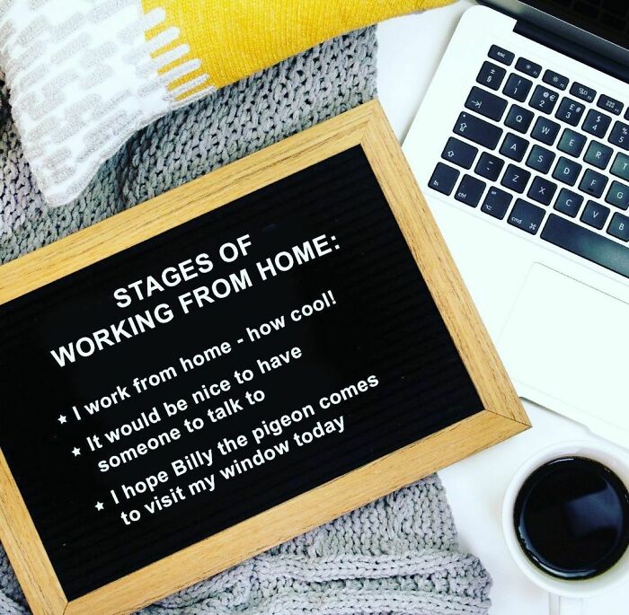 Funny WFH meme about working from home stages, with a laptop and coffee on a cozy blanket background.