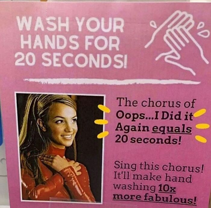 2000s meme poster suggesting hand washing for 20 seconds using a pop song chorus for timing.