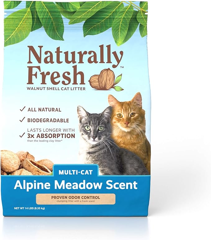 Package of Naturally Fresh cat litter with Alpine Meadow scent, featuring two cats on the front. Package of Naturally Fresh cat litter with Alpine Meadow scent, featuring two cats on the front.