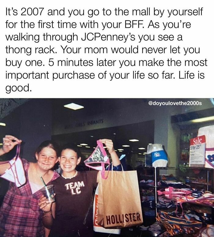Two friends in a 2000s mall, holding a Hollister bag and showing off thongs they bought at JCPenney, capturing 2000s nostalgia.