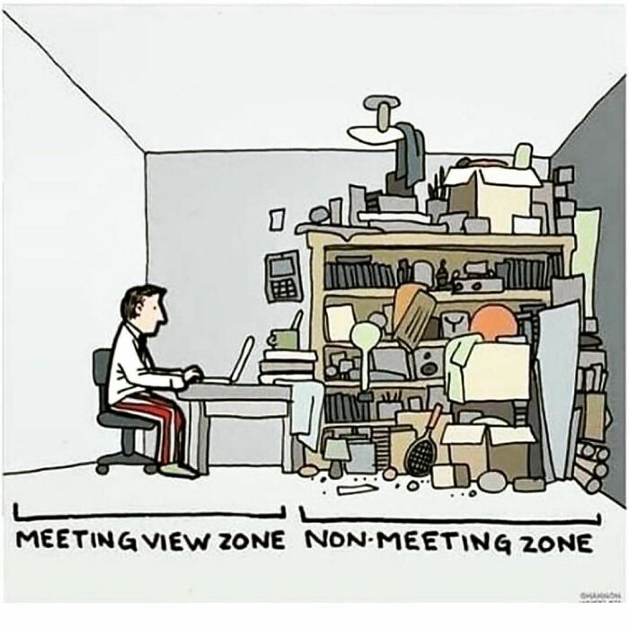Cartoon of a cluttered room divided into tidy "meeting view zone" and messy "non-meeting zone," highlighting funny WFH memes.