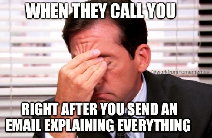 Man facepalming at a work-from-home meme about receiving a call after sending a detailed email.