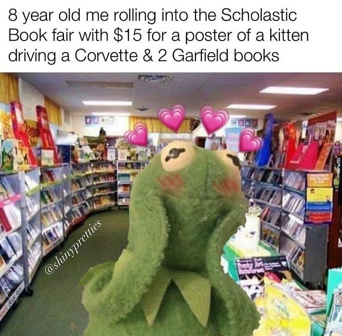 Frog meme in a bookstore with hearts, humorously capturing a 2000s nostalgia vibe.