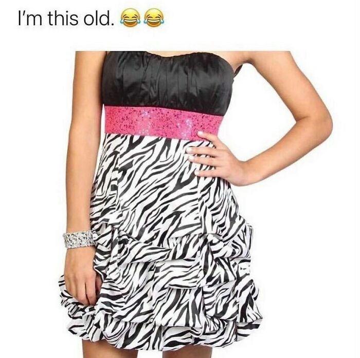 2000s meme featuring a zebra-print ruffle dress with pink sequin belt and caption, "I'm this old."