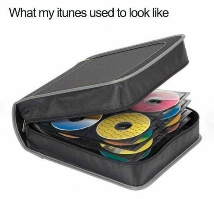 CD case with colorful discs inside, representing nostalgic pics and memes from the 80s and 90s era.